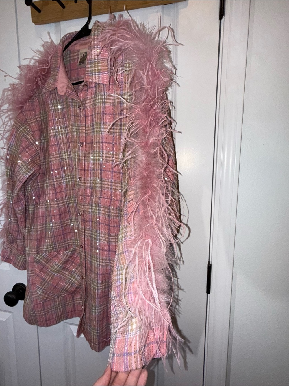 Queen of Sparkles | Pink Flannel Feather Dress | Size Small - Picture 6 of 16